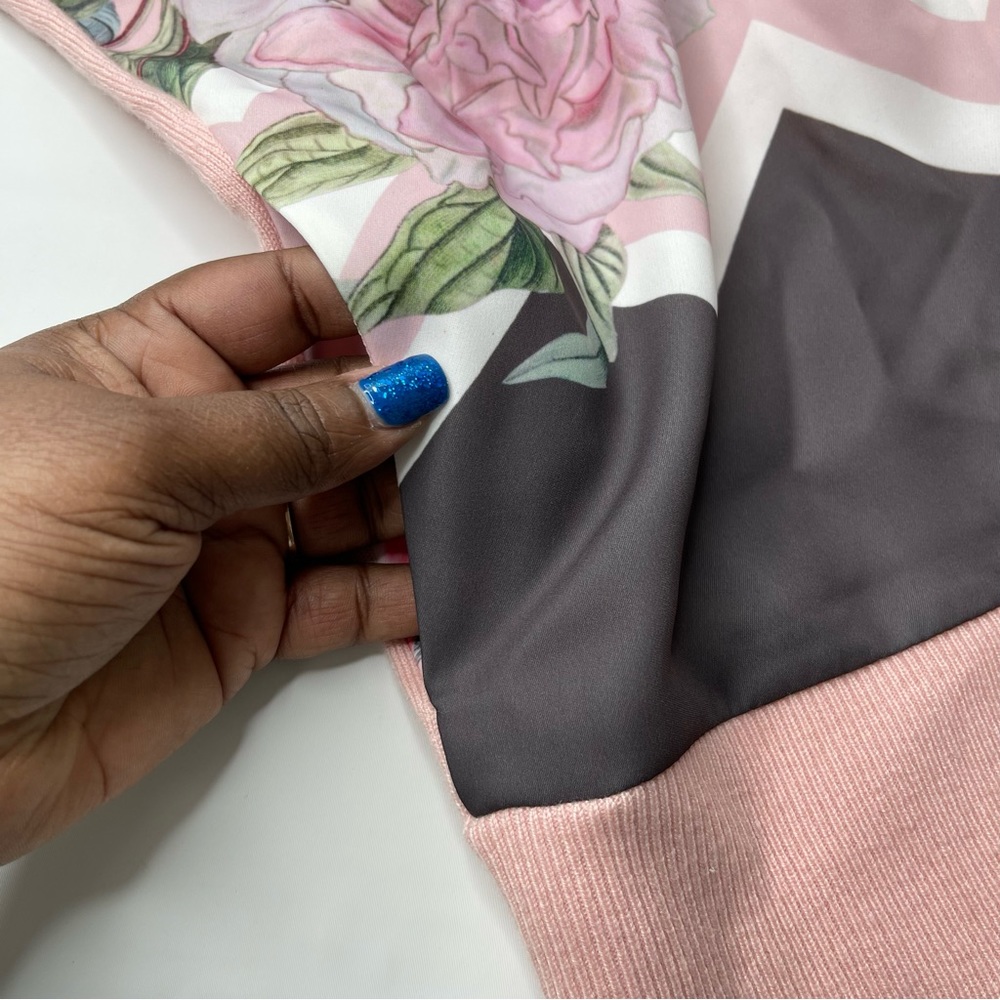 Ted Baker Bomber Jacket Pink Gray Mixed Floral Print Knit Back, Size 5 (US 12) - Picture 10 of 15